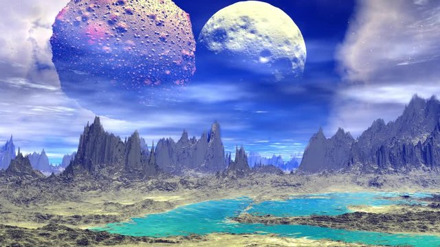 Fantasy alien planet. Rocks and lake. 3d animation. 4K