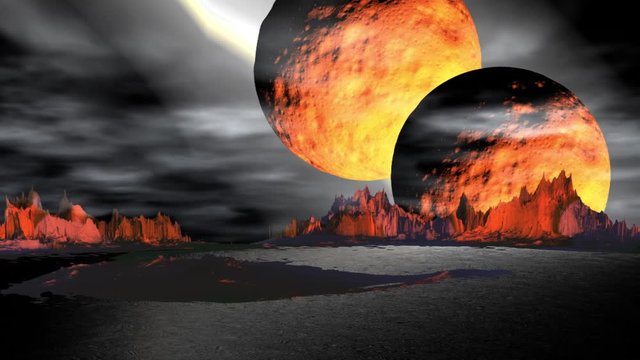 Fantasy alien planet. Rocks and lake. 3d animation. 4K