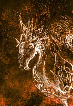 drawing of ornamental dragon on old paper background computer collage. and color structure.