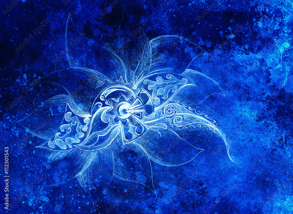 Fototapete ornamental filigran floral drawing with frozen winter time feelingt, spiral and abstract linear structure pattern Color effect and Computer collage.
