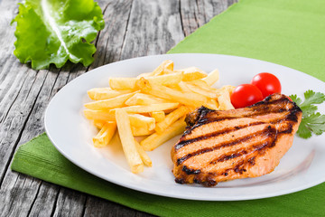 grilled pork chops on a white dish with french fries