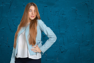woman in a blue jacket