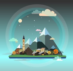 Alpine landscape illustration. European austrian town with Church, chalets, autumn trees, hills and snow mountains on starry sky, clouds and moon background. Flat design vector, circle shape.