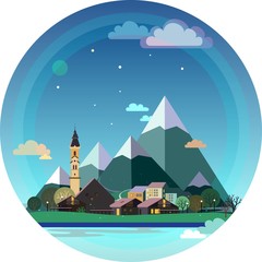 Alpine landscape illustration. European austrian town with Church, chalets, autumn trees, hills and snow mountains on starry sky, clouds and moon background. Flat design vector, circle shape.