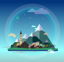Alpine landscape illustration. European austrian town with Church, chalets, autumn trees, hills and snow mountains on starry sky, clouds and moon background. Flat design vector, circle shape.