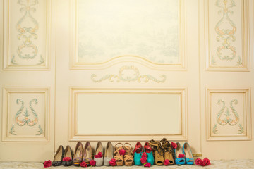 Different female shoes on high heels