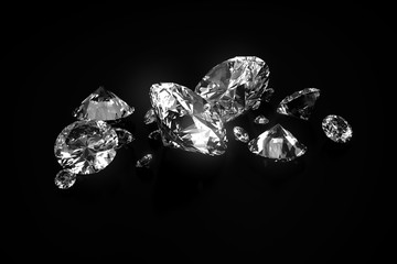 Group of Diamonds placed on black background 3d