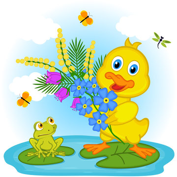 duckling with flowers - vector illustration, eps 