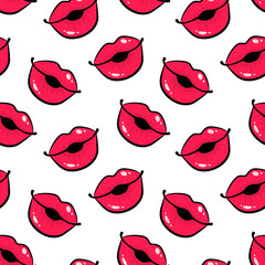 Fototapeta premium Female lips in form of kiss on white background seamless pattern.