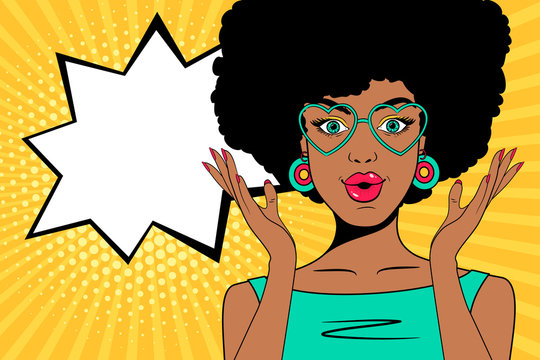 Wow pop art face. Sexy surprised african woman with open mouth, glasses in form of heart and speech bubble. Vector colorful background in pop art retro comic style.