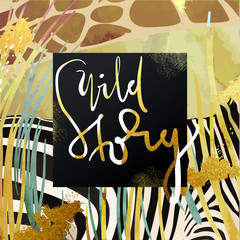 Trendy safari style african savanna nature and animals vector illustration. Dry grass, zebra and giraffe texture with glittering gold art strokes and stardust. Hand written 