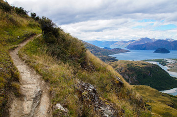 Fototapeta na wymiar Views from Rocky Mountain Summit towards Lake Wanaka, New Zealand
