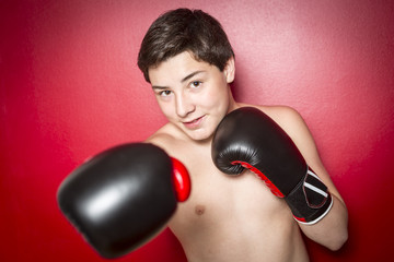 Close-up photo of a boxer with red gloves - obrazy, fototapety, plakaty