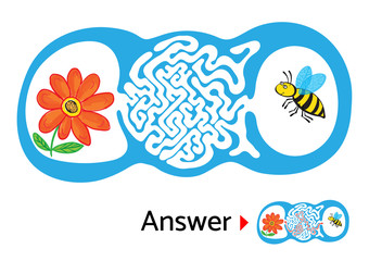 Maze puzzle for kids with bee and flower. Labyrinth illustration, solution included.