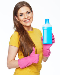 Housekeeper woman holding bottle with cleaner liquid and show t