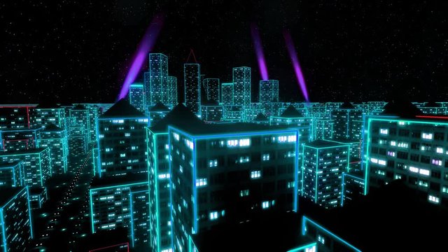 Neon city fly over urban skyscraper glow computer tron matrix 4k