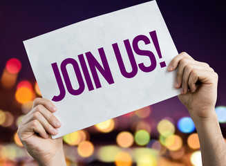 Join Us placard with night lights on background