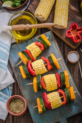 preparation for barbecue party, vegetable skewers