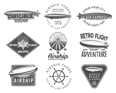 Vintage airship logo designs set. Retro Dirigible badges collection. Airplane Label vector design. Old sketching style. Use as fly logos, labels, stamps, patches for web design or tee design, t-shirt