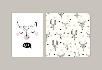 Cute kids sleeping and smiling animals vector pattern tile. Hand drawn deer's, bear's and rabbit's heads with black and white dots on solid pink background. Trendy graphic pajama textures set.