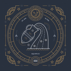 Vintage thin line Aquarius zodiac sign label. Retro vector astrological symbol, mystic, sacred geometry element, emblem, logo. Stroke outline illustration.