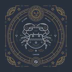 Vintage thin line Cancer zodiac sign label. Retro vector astrological symbol, mystic, sacred geometry element, emblem, logo. Stroke outline illustration.