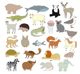 Big vector animal collection isolated on white background. Collection of cute cartoon animals, birds and sea creatures. Alphabet illustration. Hand drawn illustration made in vector.