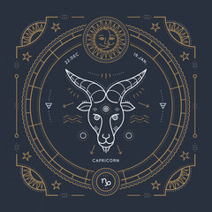 Vintage thin line Capricorn zodiac sign label. Retro vector astrological symbol, mystic, sacred geometry element, emblem, logo. Stroke outline illustration.