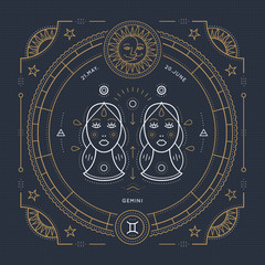 Vintage thin line Gemini zodiac sign label. Retro vector astrological symbol, mystic, sacred geometry element, emblem, logo. Stroke outline illustration.