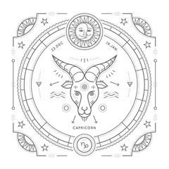 Vintage thin line Capricorn zodiac sign label. Retro vector astrological symbol, mystic, sacred geometry element, emblem, logo. Stroke outline illustration. Isolated on white background.