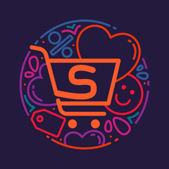 S letter logo with shopping cart icon, hearts and smile.
