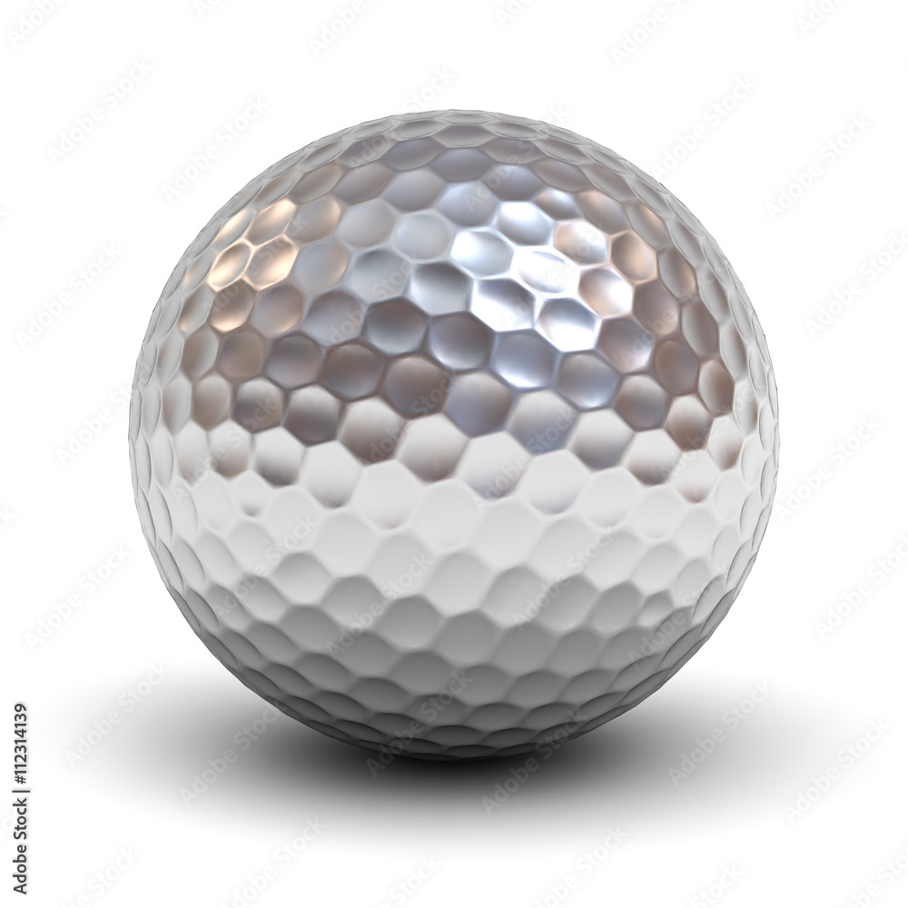 Aufkleber metal golf ball isolated over white background with reflection and shadow. 3d rendering.