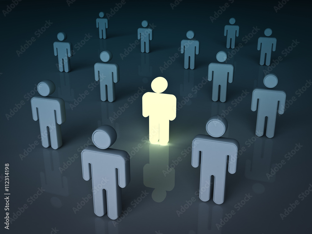 Poster stand out from the crowd and different concept , one light man standing with other dim people. 3d re
