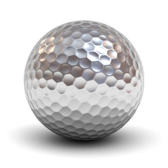 Metal golf ball isolated over white background with reflection and shadow. 3D rendering.