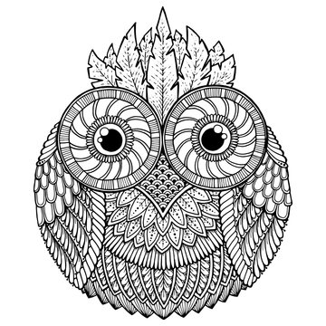 Birds theme. Owl black and white mandala with abstract ethnic az