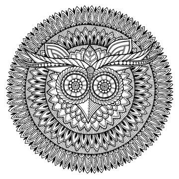 Birds theme. Owl black and white mandala with abstract ethnic az