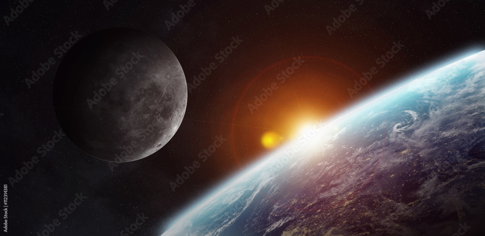 Poster view of the moon close to planet earth in space
