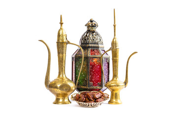 Fototapeta na wymiar Lantern and arabic golden jug. Oriiental holidays decoration