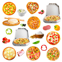 Collage of pizza and ingredients isolated of white