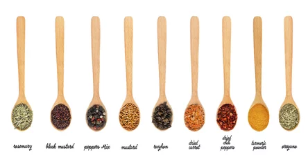 Wall murals Herbs 2 Collection of spices in wooden spoons, isolated on white