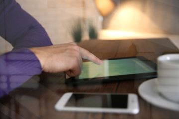 Open space office workplace view through glass with reflection
