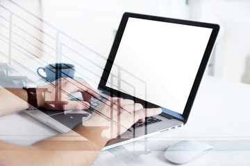 Open space office workplace view through glass with reflection