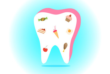 food and dessert on tooth, vector illustrations