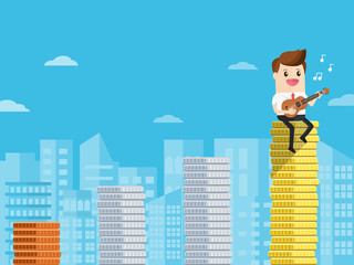 Obraz premium businessman or singing musician playing ukulele sitting on bar graph of coins. happy manager getting high earning or high score