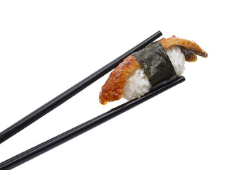 Eel sushi nigiri in chopsticks isolated on white background