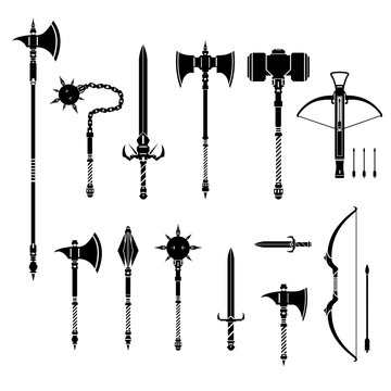 Icon illustration vector set of arcane medieval weapons.
Old Ancient silhouette weapon icon set - Ancient weapons from the dark ages.