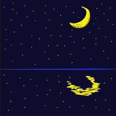 Obraz na płótnie Canvas hand draw vector illustration with the moon and the reflection of the moon in the starry night
