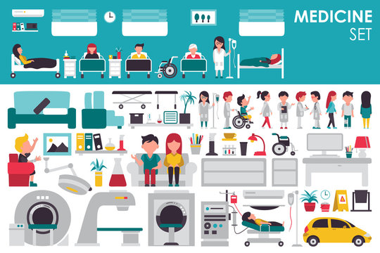 Medical Big Collection in flat design background concept. Infographic elements set with hospital staff doctor and nurse around medicine tools equipment