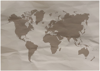 World map on paper.  World map on papyrus. Vector illustration.