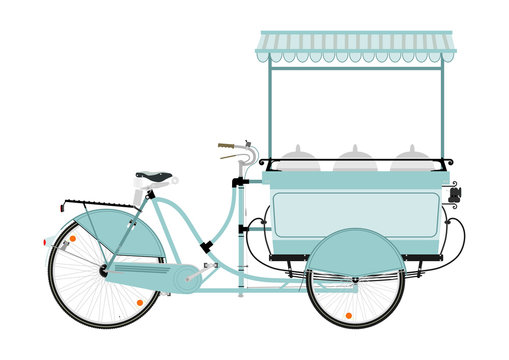 Fototapeta Cartoon street food vendor bicycle on a white background. Flat vector